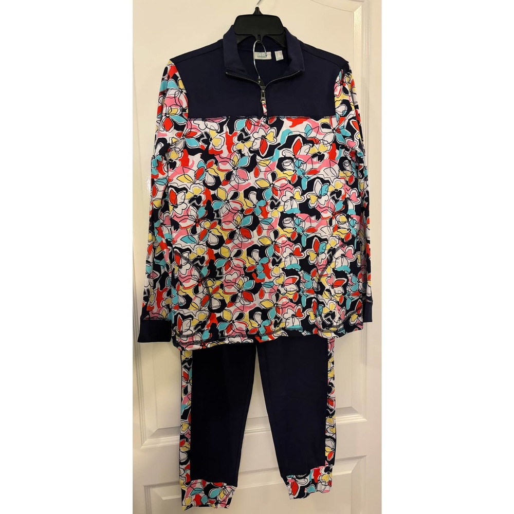 Logo Lounge By Lori Goldstein 2 Piece Sweatshirt Sweatpants Navy Floral XS NWOT